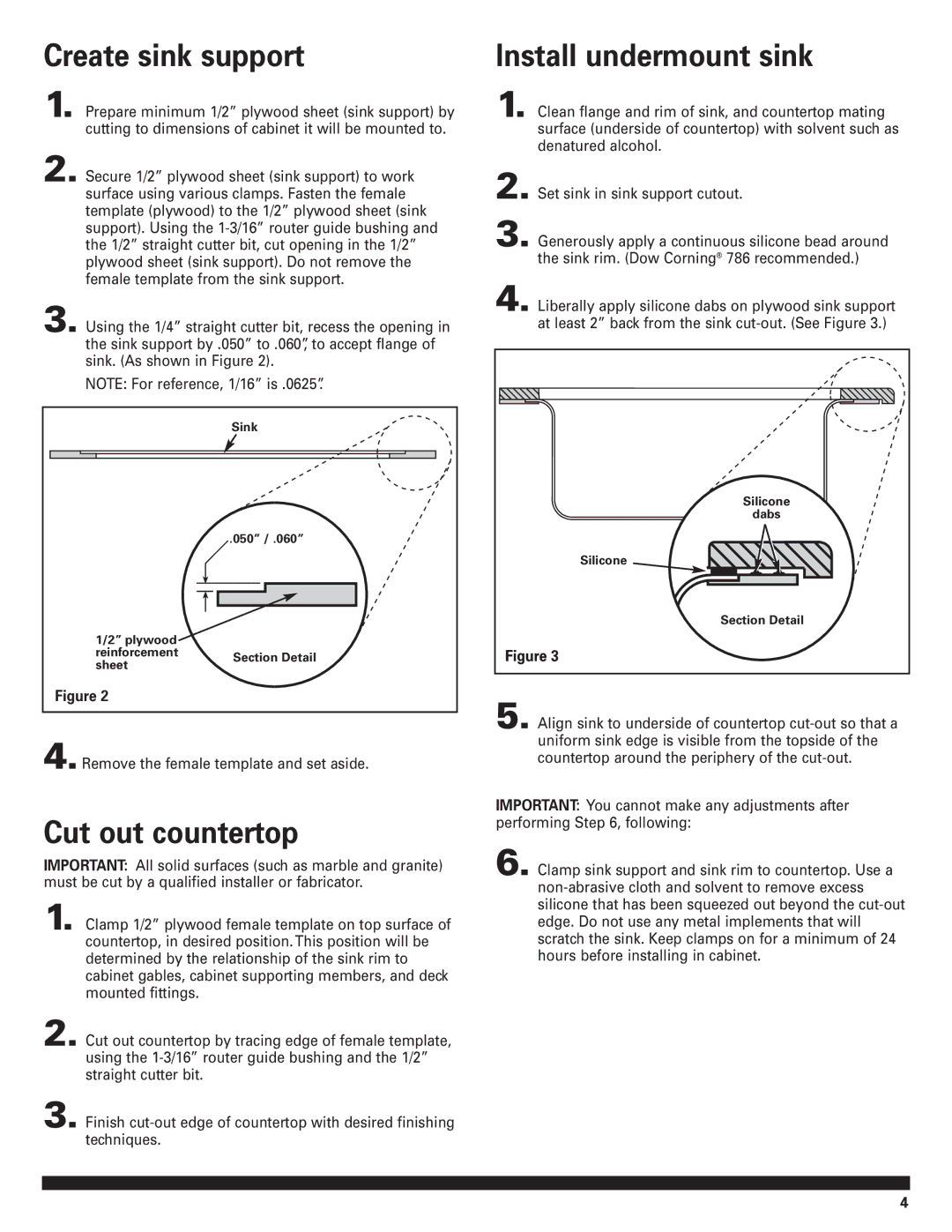 KitchenAid undermount Sinks installation instructions Create sink support, Cut out countertop, Install undermount sink 