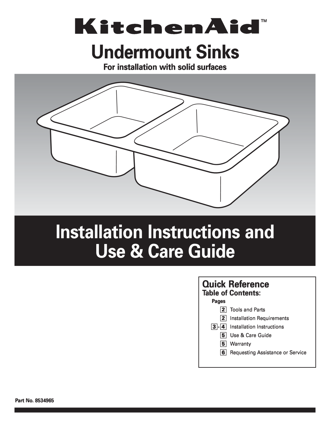 KitchenAid undermount Sinks installation instructions Undermount Sinks, Installation Instructions and Use & Care Guide 