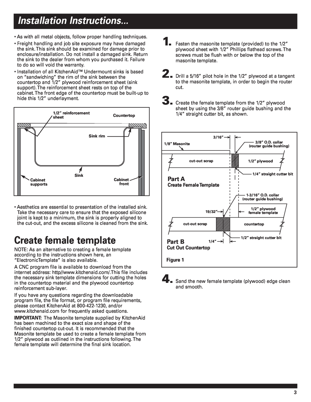KitchenAid undermount Sinks installation instructions Installation Instructions, Create female template, Part A, Part B 