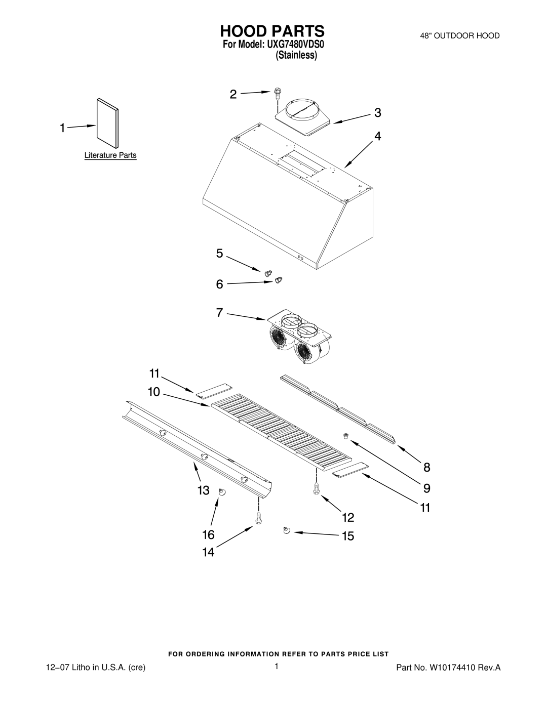 KitchenAid UXG7480VDS0 manual Hood Parts 