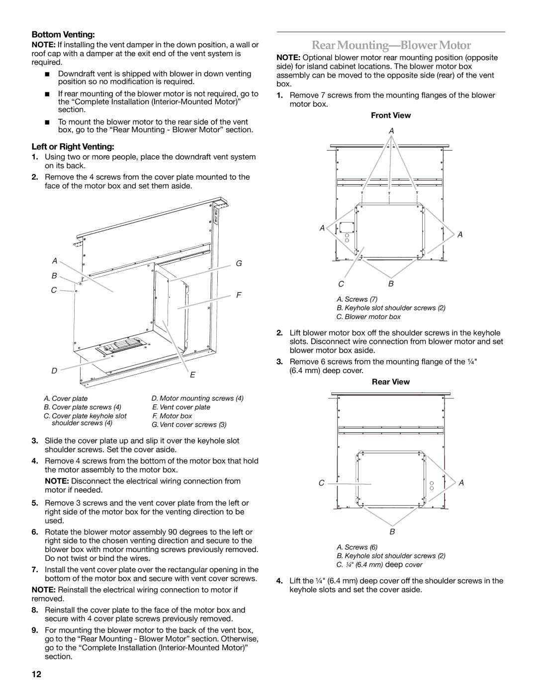 KitchenAid UXI0600DYS Rear Mounting-Blower Motor, Bottom Venting, Left or Right Venting, Front View, Rear View 