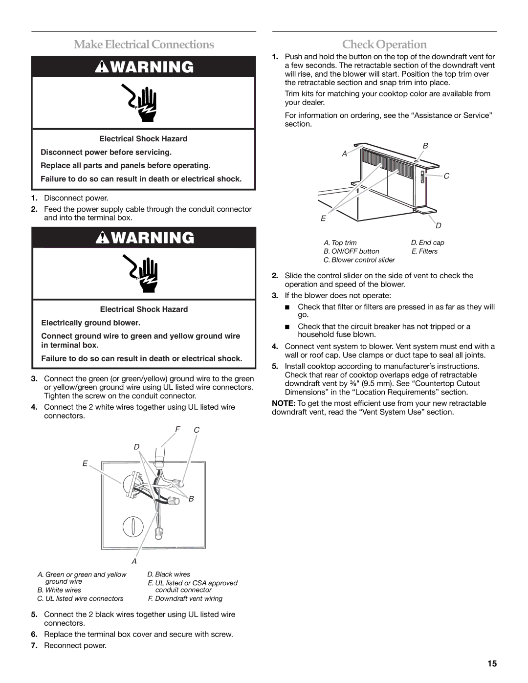 KitchenAid UXI01200DYS, UXI0600DYS installation instructions Make Electrical Connections, Check Operation 