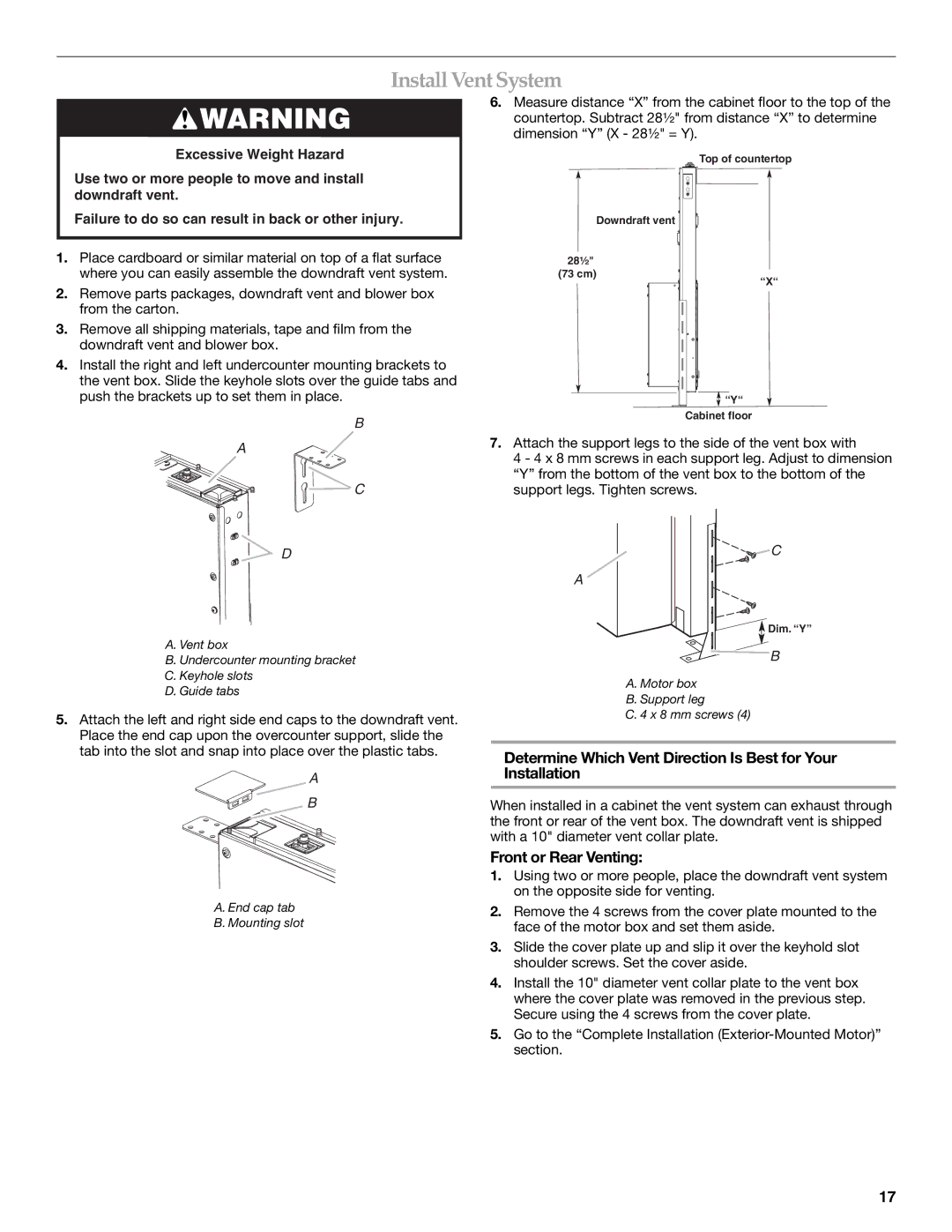 KitchenAid UXI01200DYS, UXI0600DYS installation instructions Install Vent System, Front or Rear Venting 