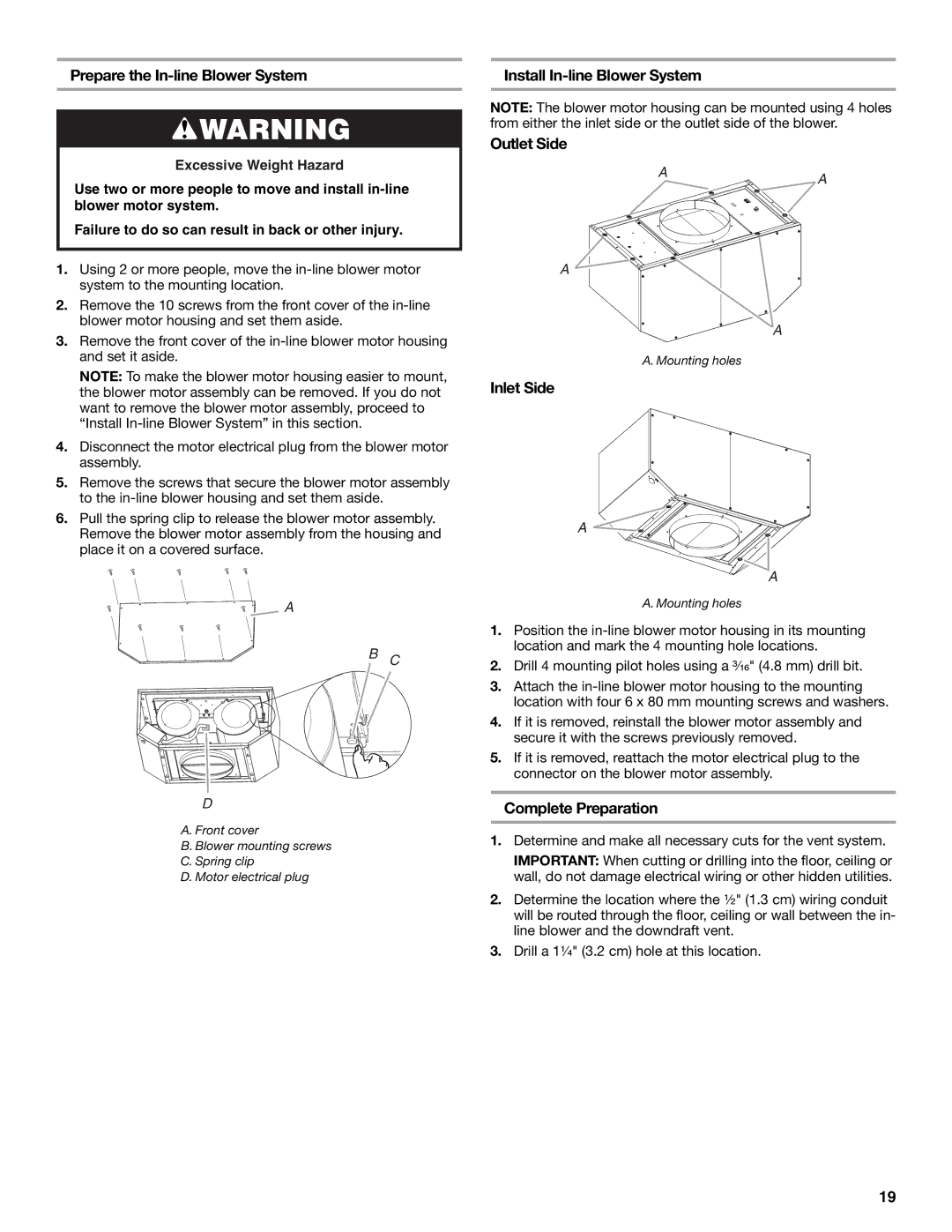 KitchenAid UXI01200DYS Prepare the In-line Blower System, Install In-line Blower System Outlet Side, Inlet Side 