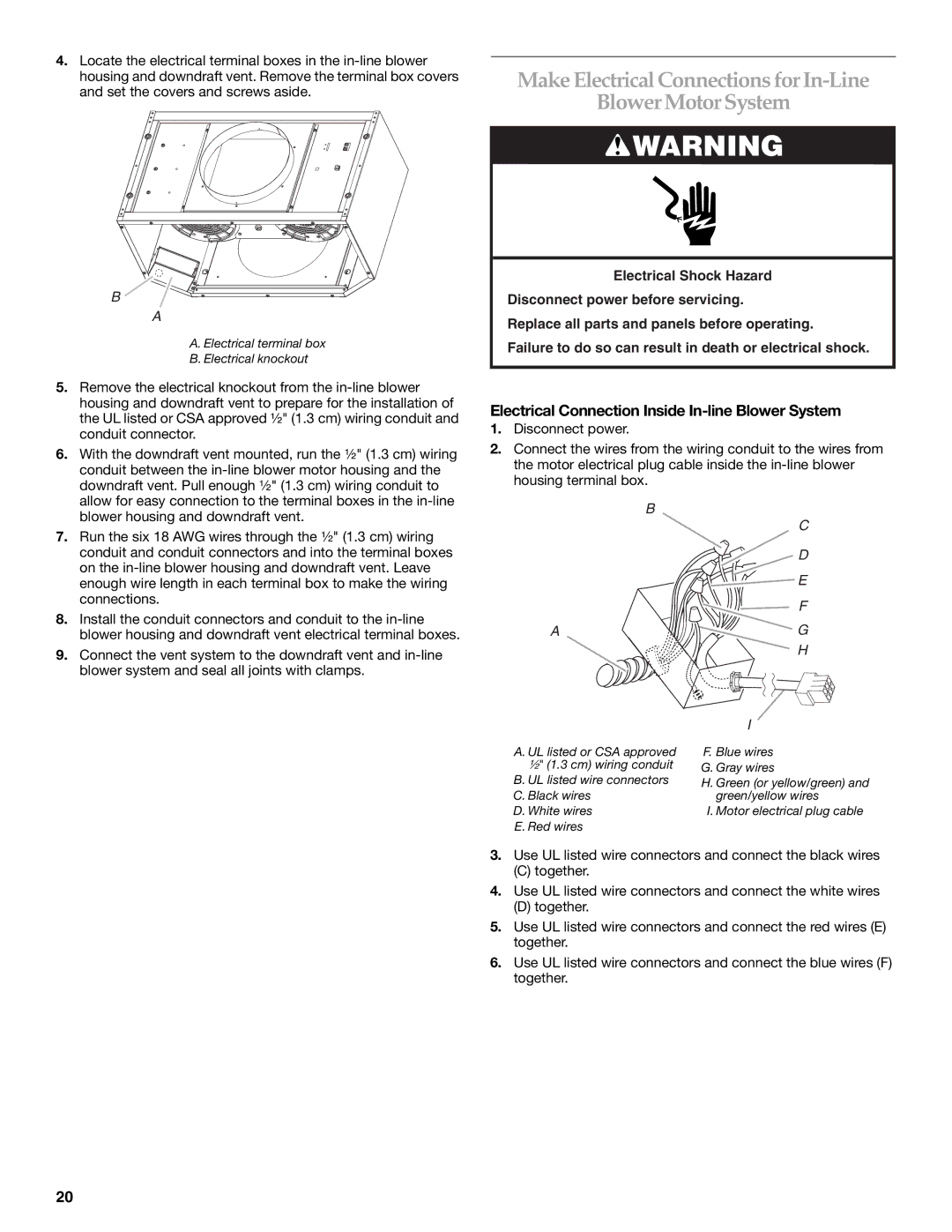 KitchenAid UXI0600DYS, UXI01200DYS installation instructions Make Electrical Connections for In-Line Blower Motor System 