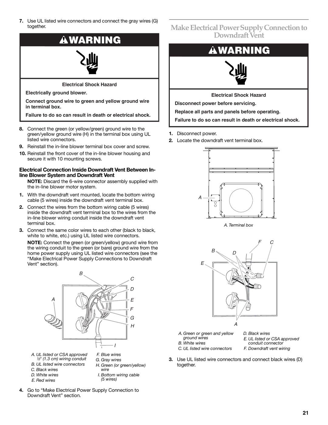 KitchenAid UXI01200DYS, UXI0600DYS installation instructions Make Electrical Power Supply Connection to Downdraft Vent 