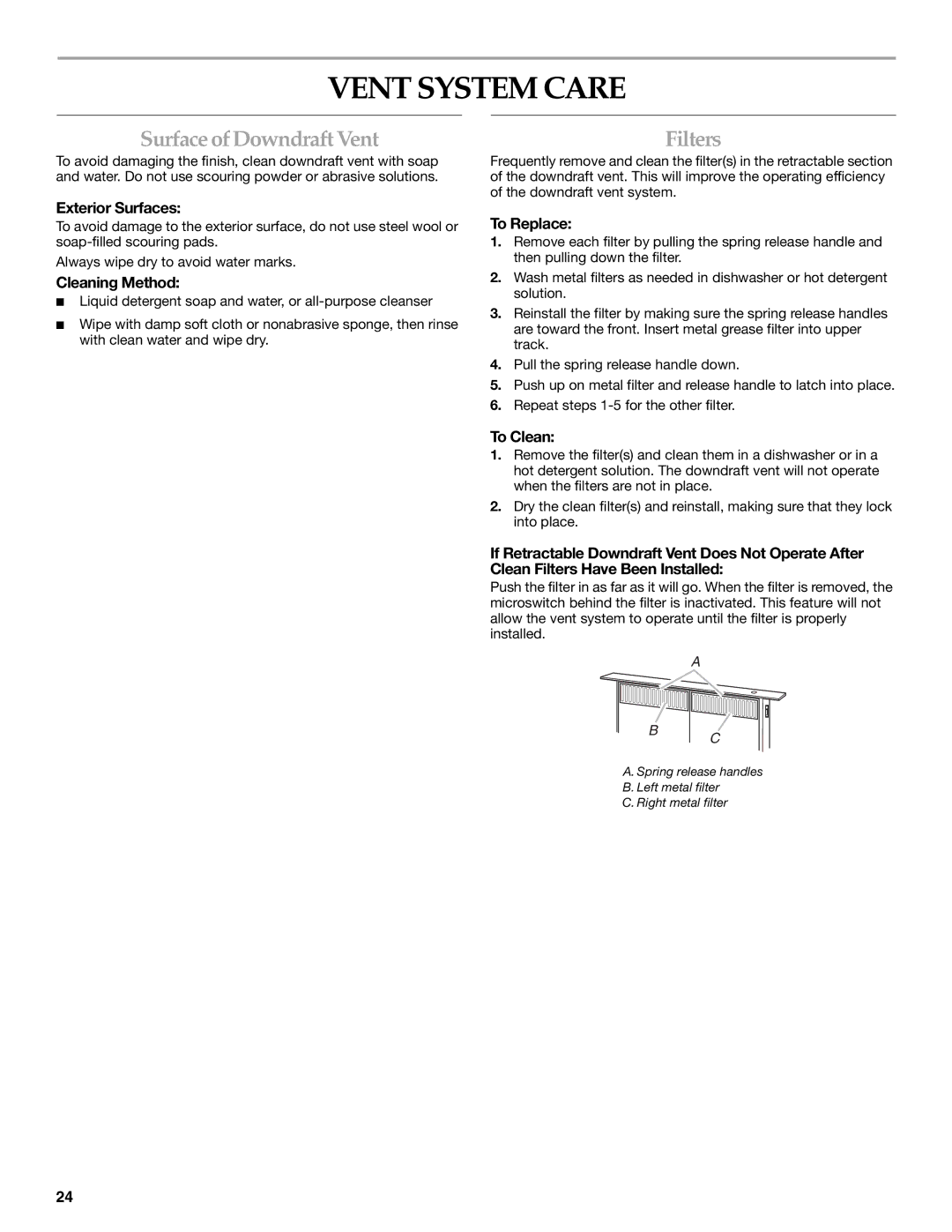 KitchenAid UXI0600DYS, UXI01200DYS installation instructions Vent System Care, Surface of Downdraft Vent, Filters 