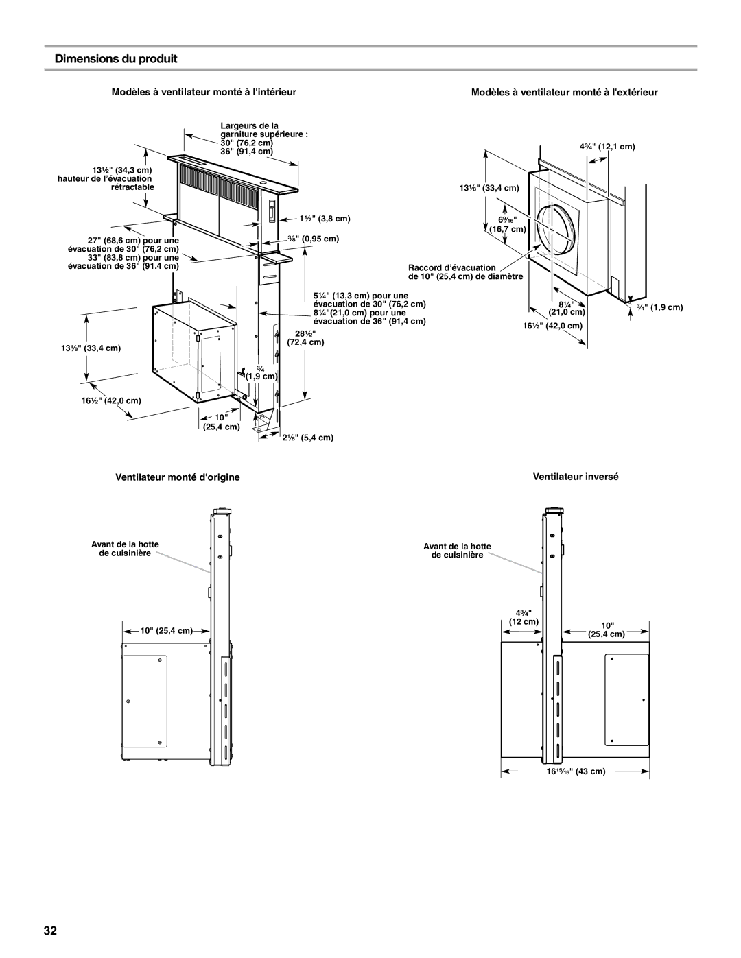 KitchenAid UXI0600DYS, UXI01200DYS installation instructions Dimensions du produit, Modèles à ventilateur monté à lintérieur 