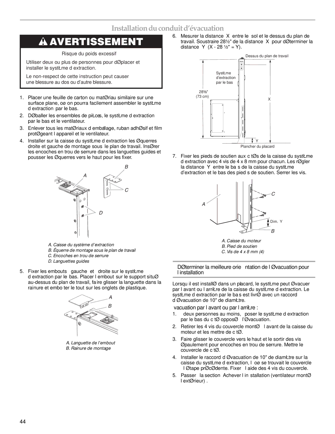 KitchenAid UXI0600DYS, UXI01200DYS installation instructions Évacuation par l’avant ou par l’arrière 