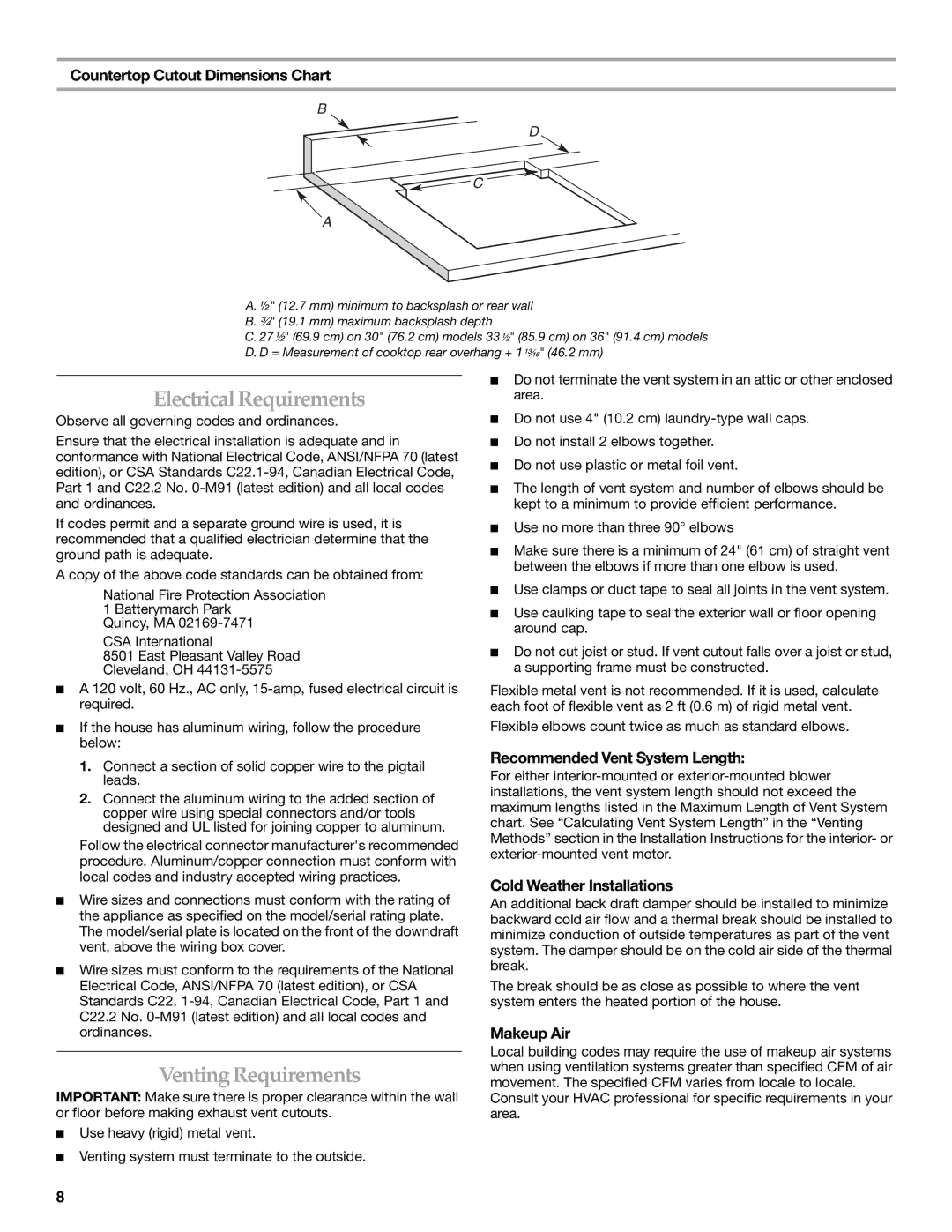 KitchenAid UXI0600DYS, UXI01200DYS installation instructions Electrical Requirements, Venting Requirements 