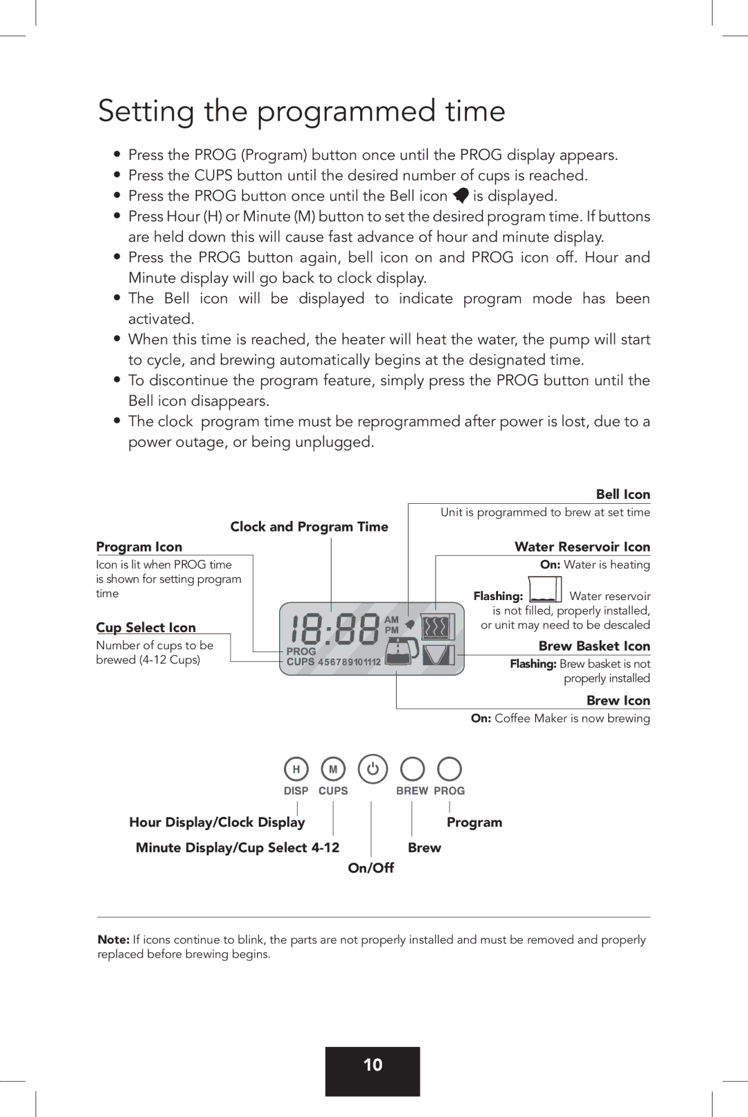 KitchenAid VCCM12 manual Setting the programmed time, Water Reservoir Icon 