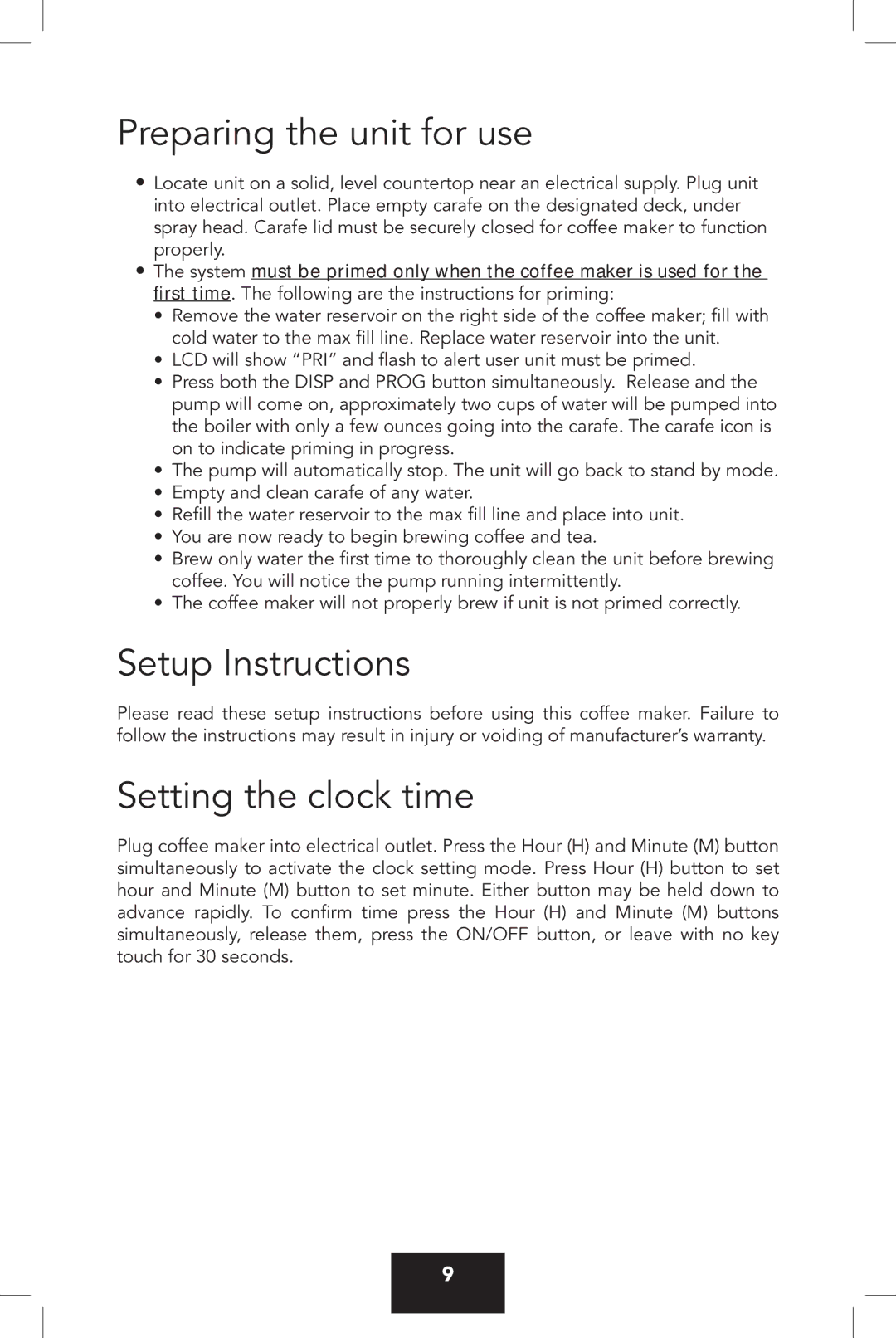 KitchenAid VCCM12 manual Preparing the unit for use, Setup Instructions, Setting the clock time 