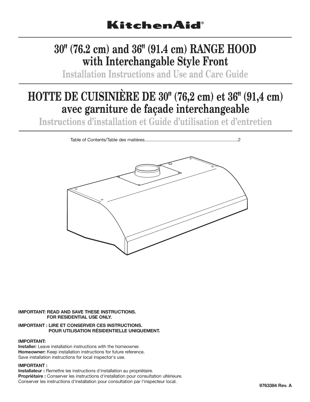 KitchenAid Ventilation Hood installation instructions Avec garniture de façade interchangeable, 9763384 Rev. A1 