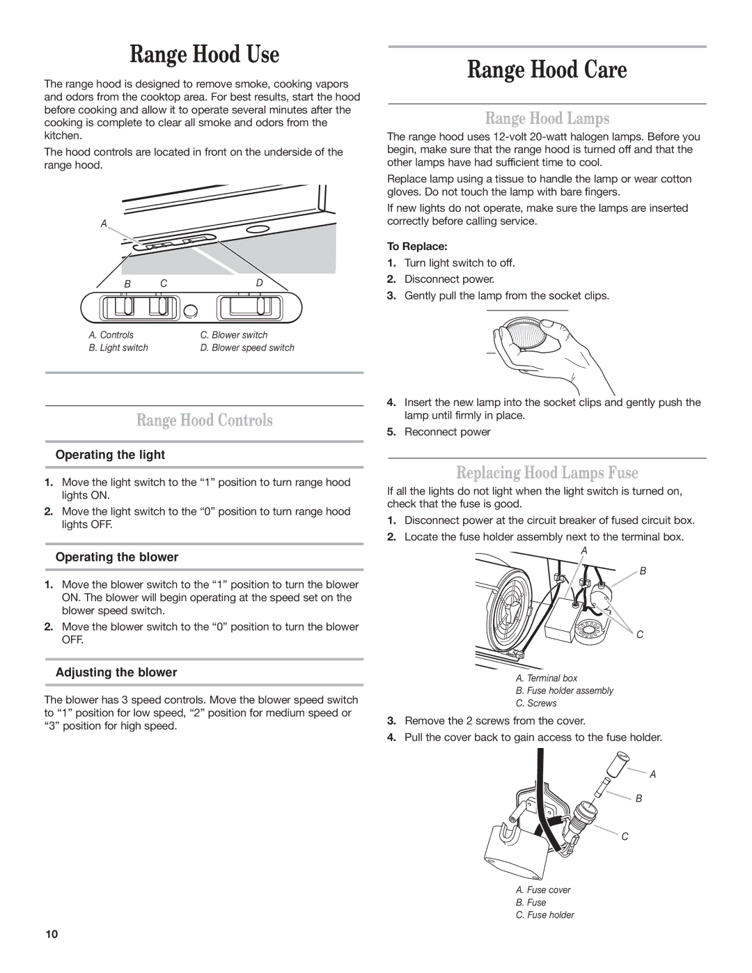 KitchenAid Ventilation Hood installation instructions Range Hood Lamps, Range Hood Controls, Replacing Hood Lamps Fuse 