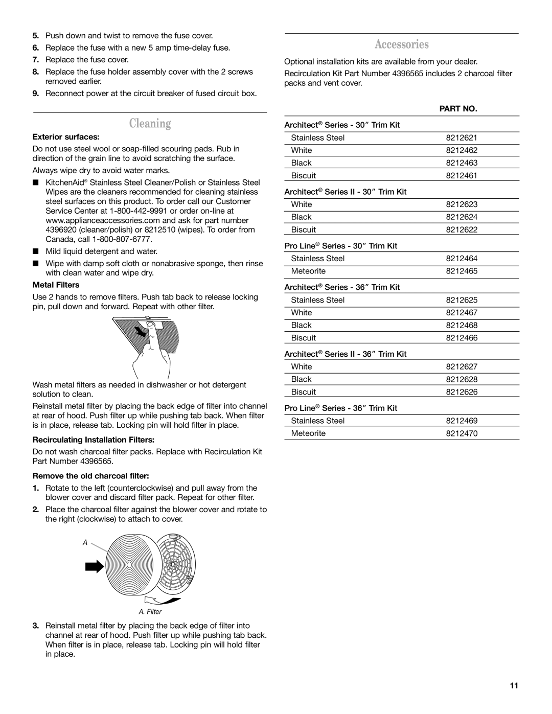 KitchenAid Ventilation Hood installation instructions Cleaning, Accessories 