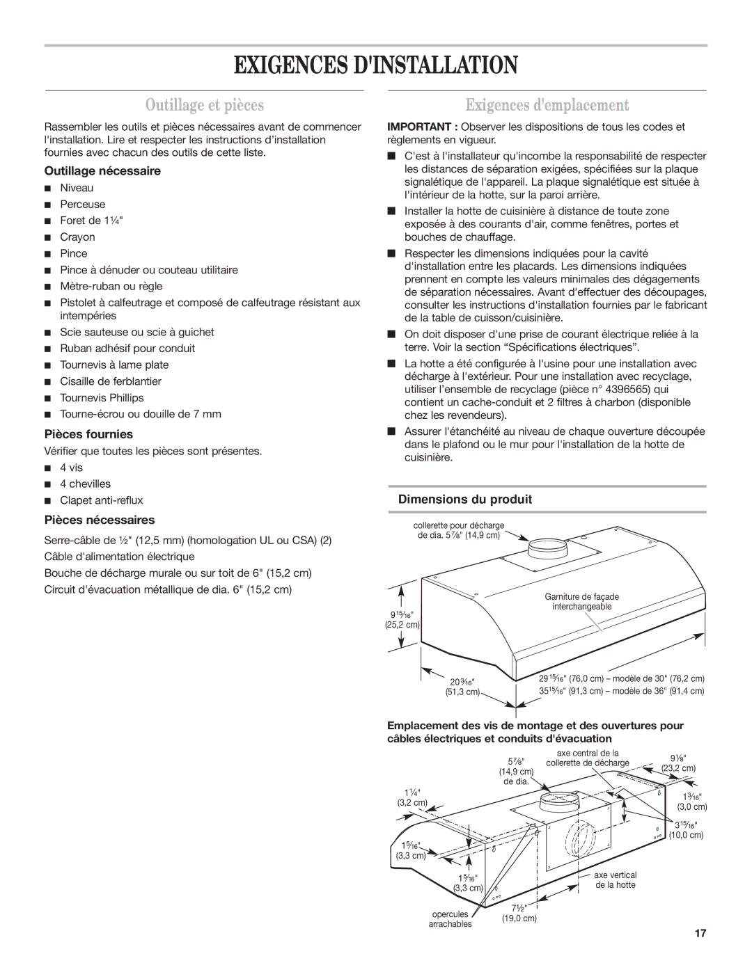 KitchenAid Ventilation Hood Exigences Dinstallation, Outillage et pièces, Exigences demplacement, Dimensions du produit 