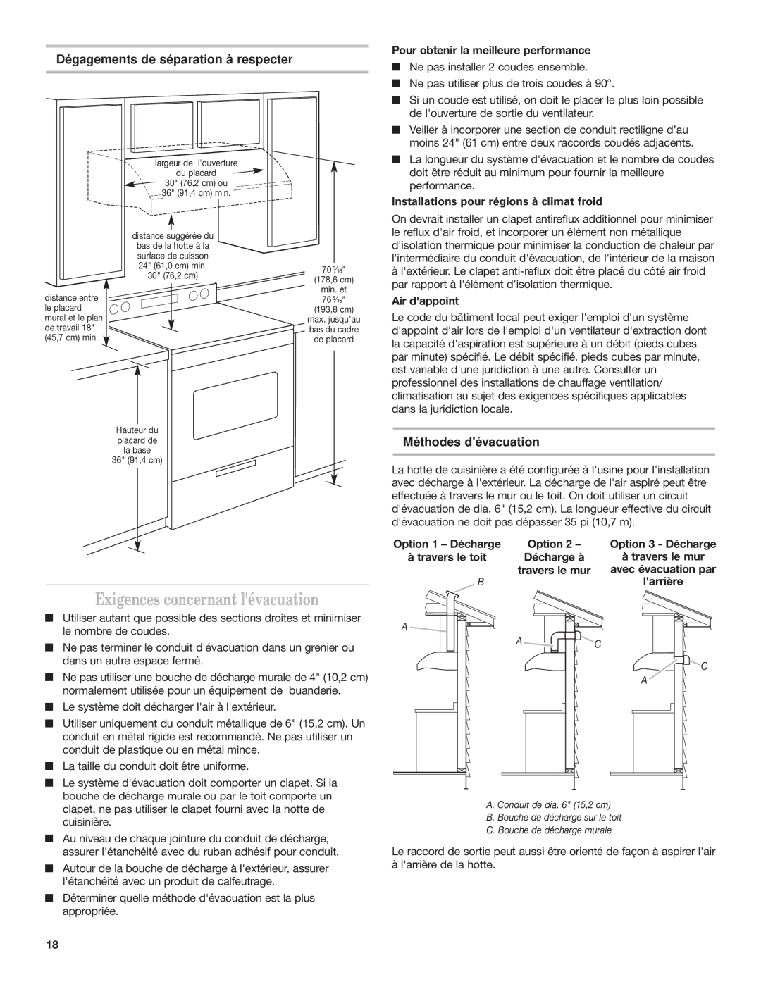 KitchenAid Ventilation Hood Exigences concernant lévacuation, Dégagements de séparation à respecter, Méthodes dévacuation 