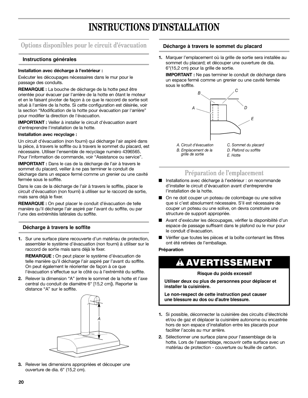 KitchenAid Ventilation Hood Instructions Dinstallation, Préparation de l’emplacement, Instructions générales 