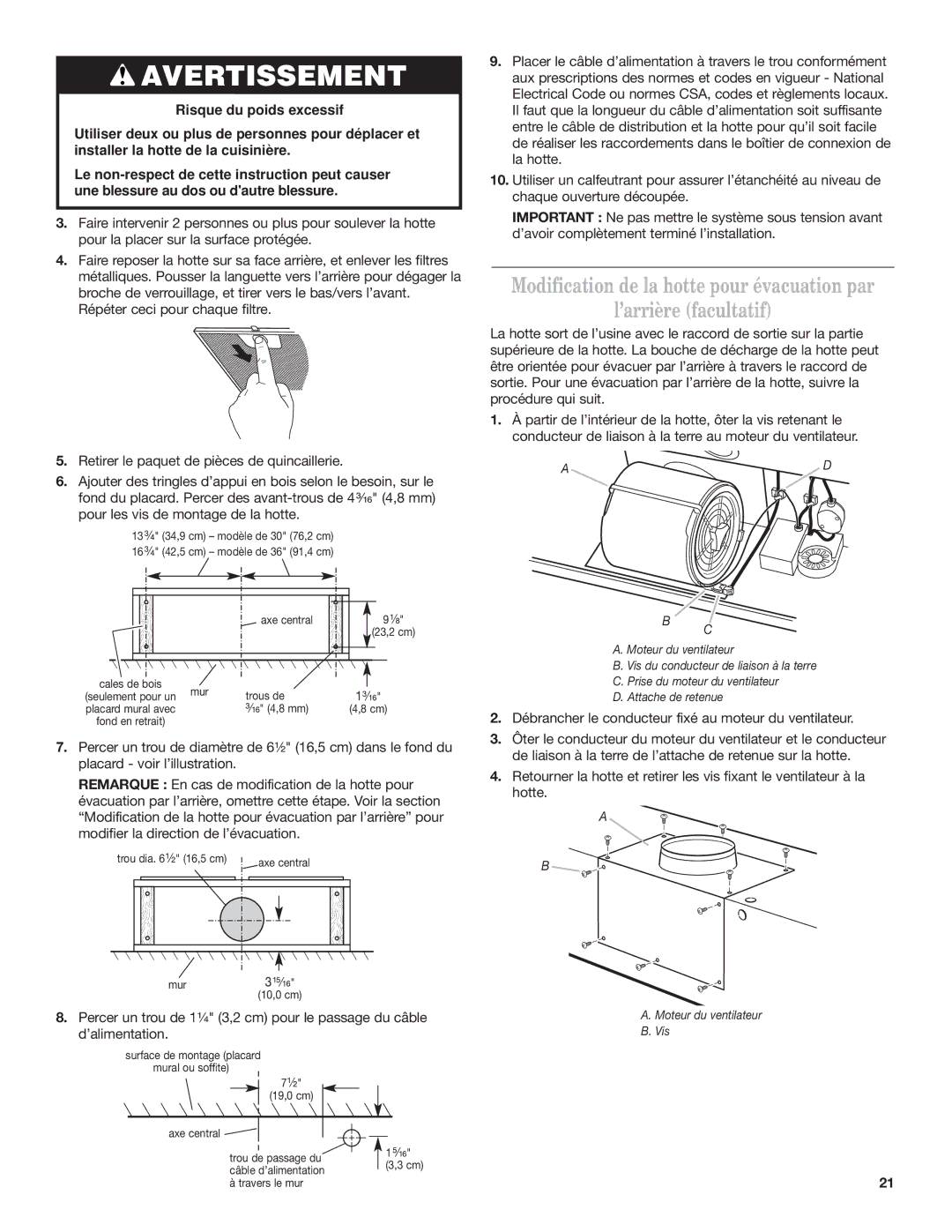 KitchenAid Ventilation Hood installation instructions Moteur du ventilateur Vis 