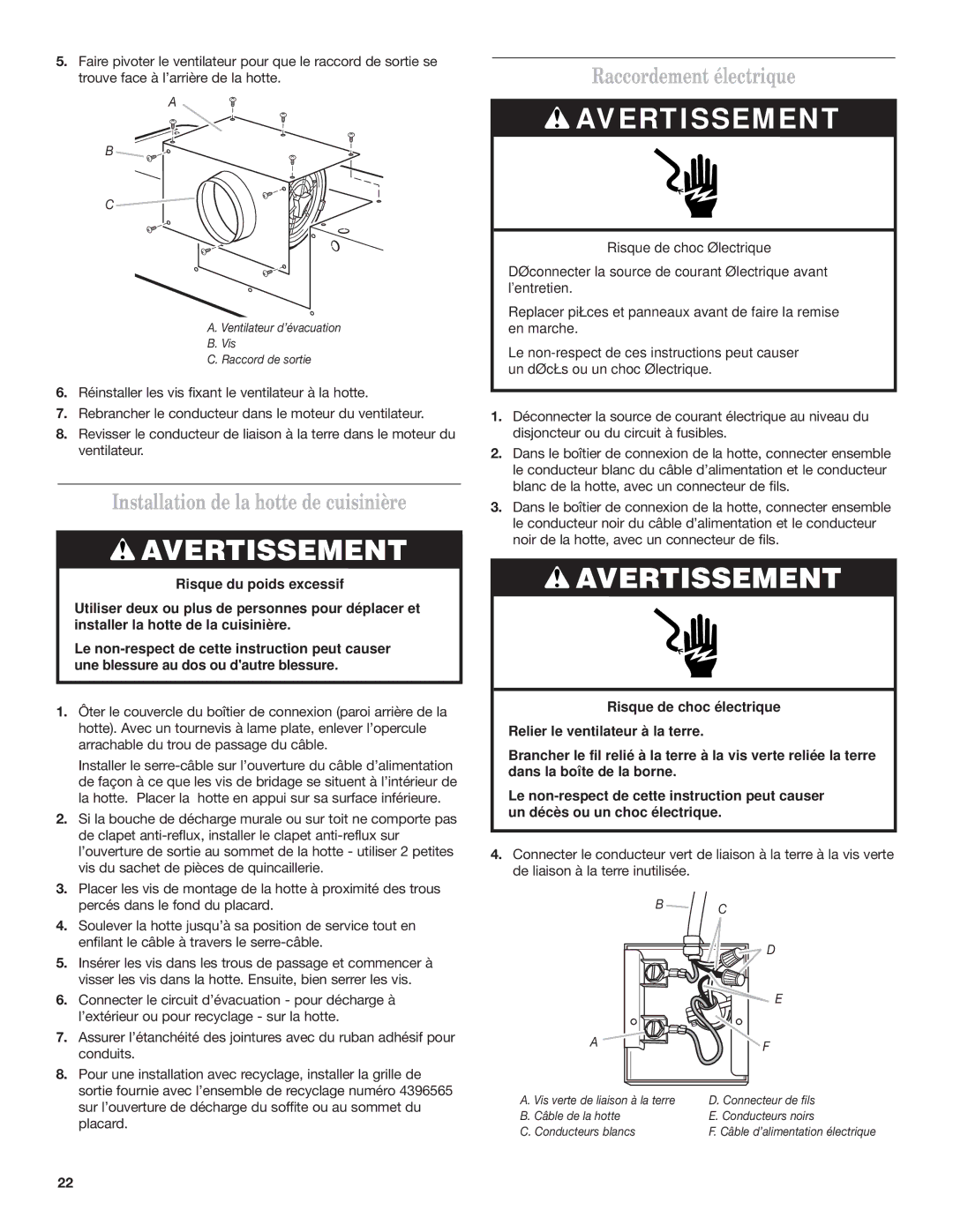 KitchenAid Ventilation Hood installation instructions Installation de la hotte de cuisinière, Raccordement électrique 