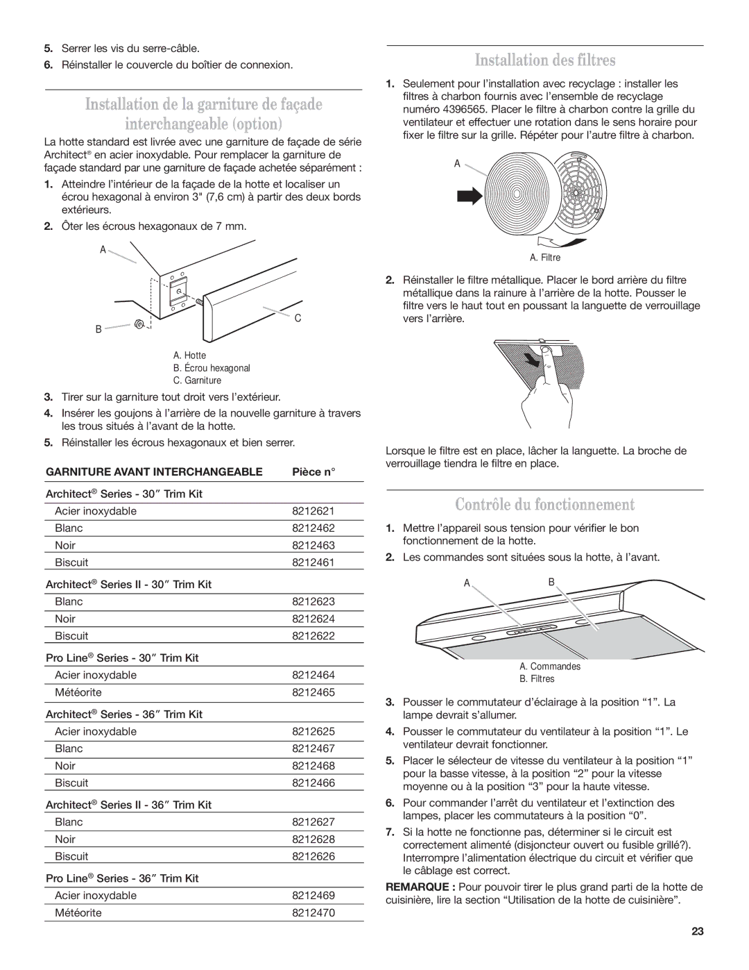 KitchenAid Ventilation Hood Installation des filtres, Contrôle du fonctionnement, Garniture Avant Interchangeable, Pièce n 