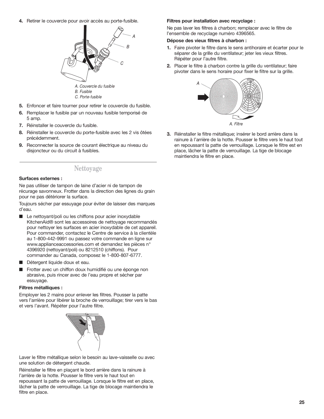 KitchenAid Ventilation Hood Nettoyage, Surfaces externes, Filtres métalliques, Filtres pour installation avec recyclage 