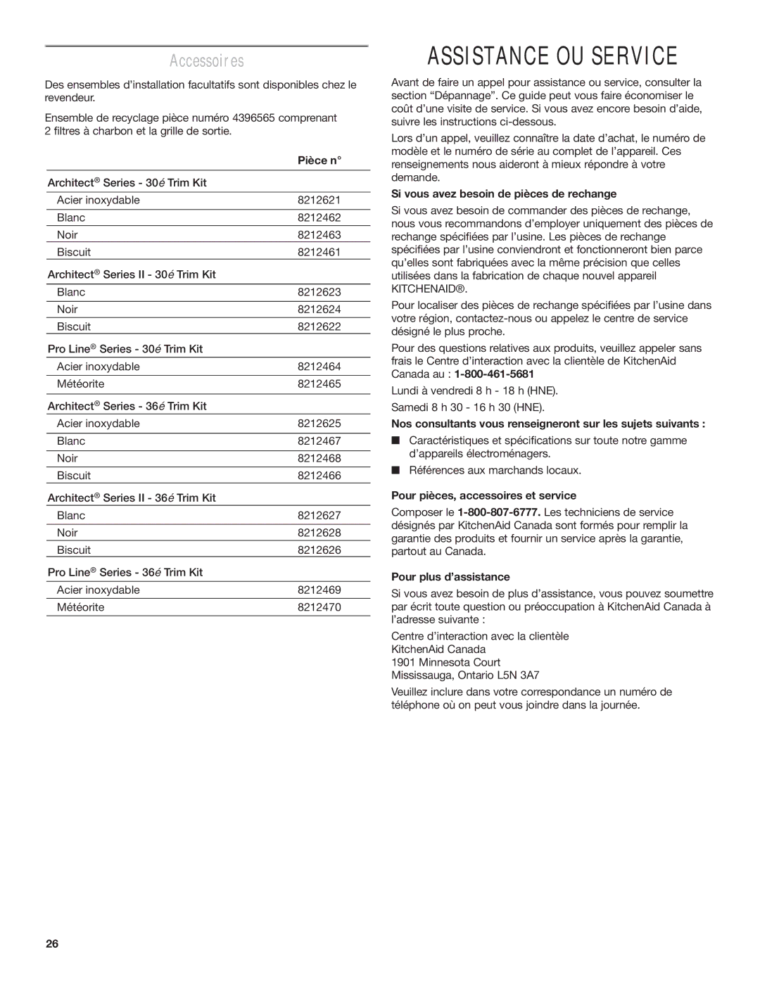 KitchenAid Ventilation Hood installation instructions Assistance OU Service, Accessoires 