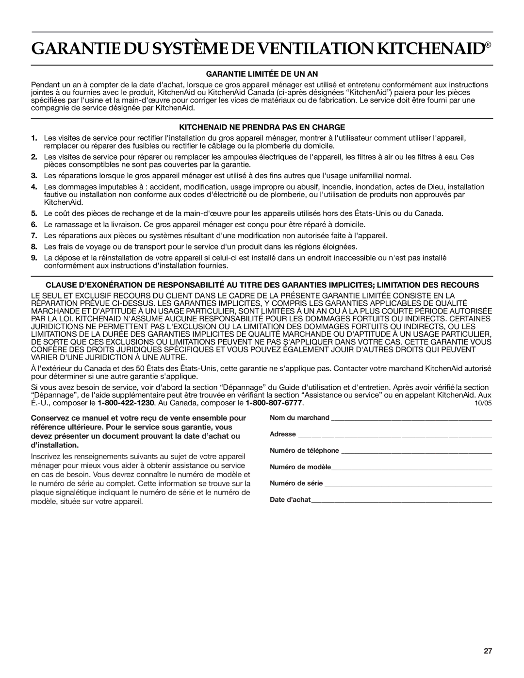 KitchenAid Ventilation Hood installation instructions Garantiedusystèmedeventilationkitchenaid, Garantie Limitée DE UN AN 