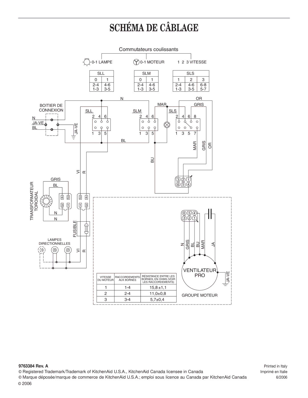 KitchenAid Ventilation Hood installation instructions Schéma DE Câblage, 9763384 Rev. a 