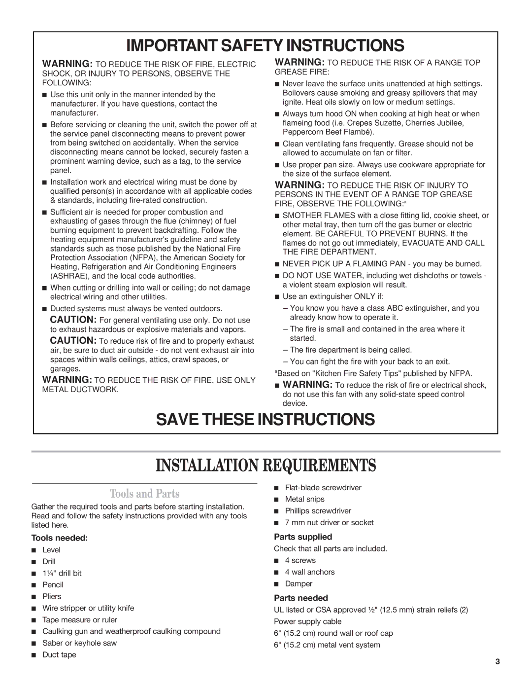 KitchenAid Ventilation Hood installation instructions Installation Requirements, Tools and Parts 