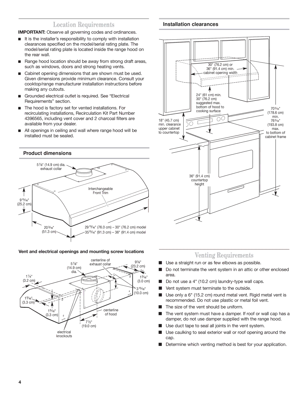 KitchenAid Ventilation Hood installation instructions Location Requirements, Venting Requirements, Product dimensions 