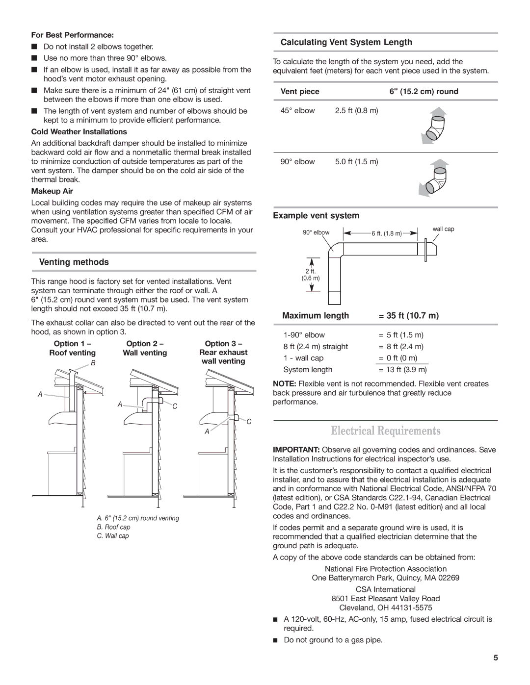 KitchenAid Ventilation Hood Electrical Requirements, Venting methods, Calculating Vent System Length, Example vent system 