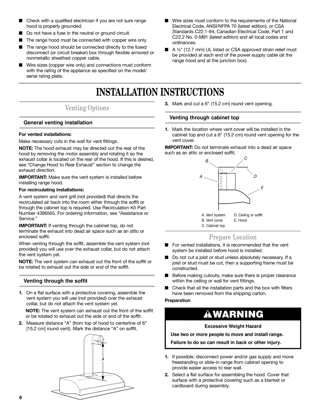 KitchenAid Ventilation Hood installation instructions Installation Instructions, Venting Options, Prepare Location 