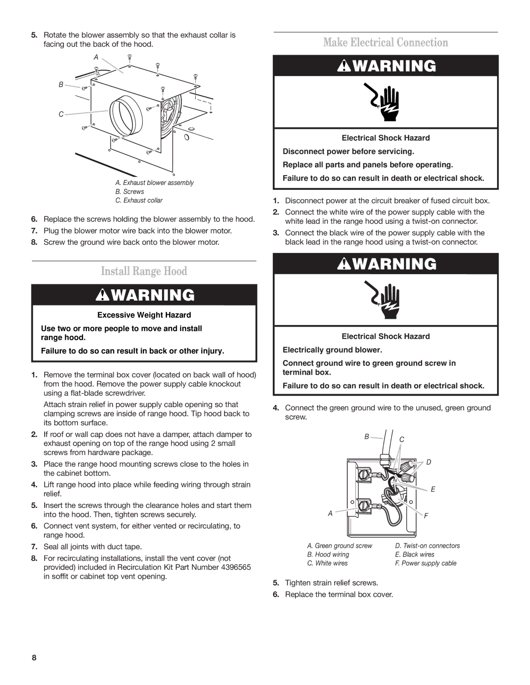 KitchenAid Ventilation Hood installation instructions Make Electrical Connection, Install Range Hood 