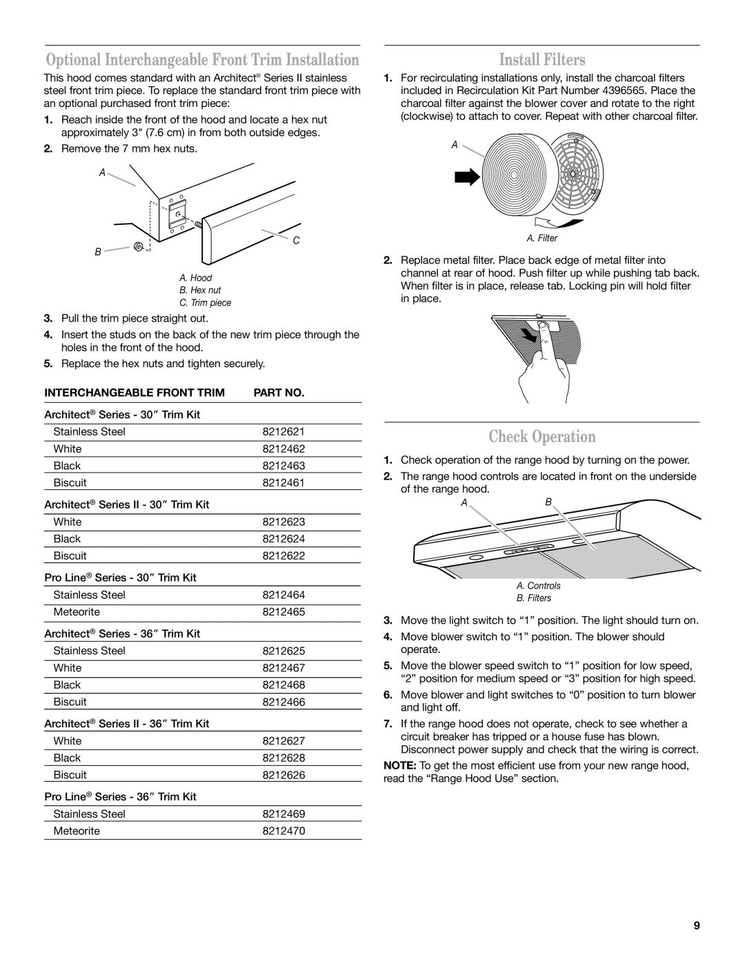 KitchenAid Ventilation Hood installation instructions Install Filters, Check Operation, Interchangeable Front Trim 