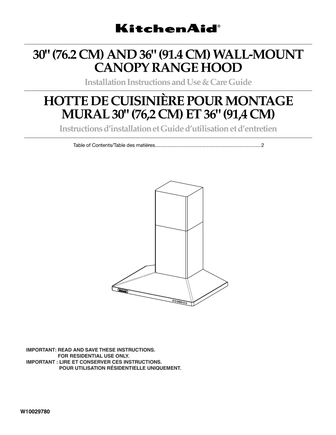 KitchenAid W10029780 installation instructions Canopy Range Hood 