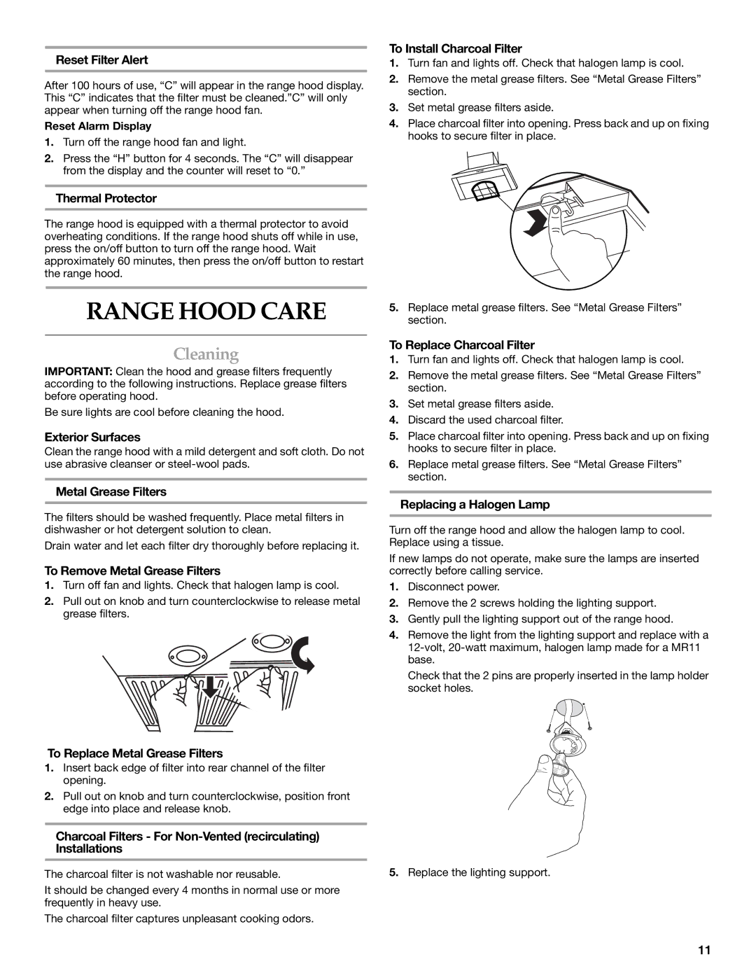 KitchenAid W10029780 installation instructions Range Hood Care, Cleaning 