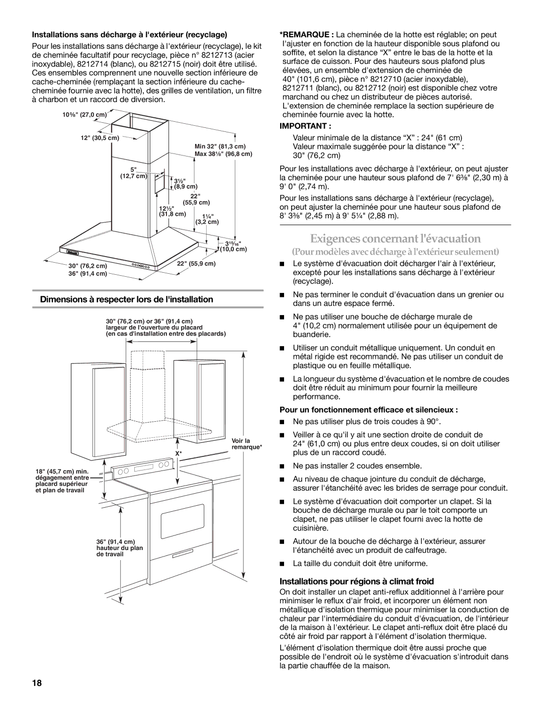 KitchenAid W10029780 Exigencesconcernant lévacuation, Dimensions à respecter lors de linstallation 