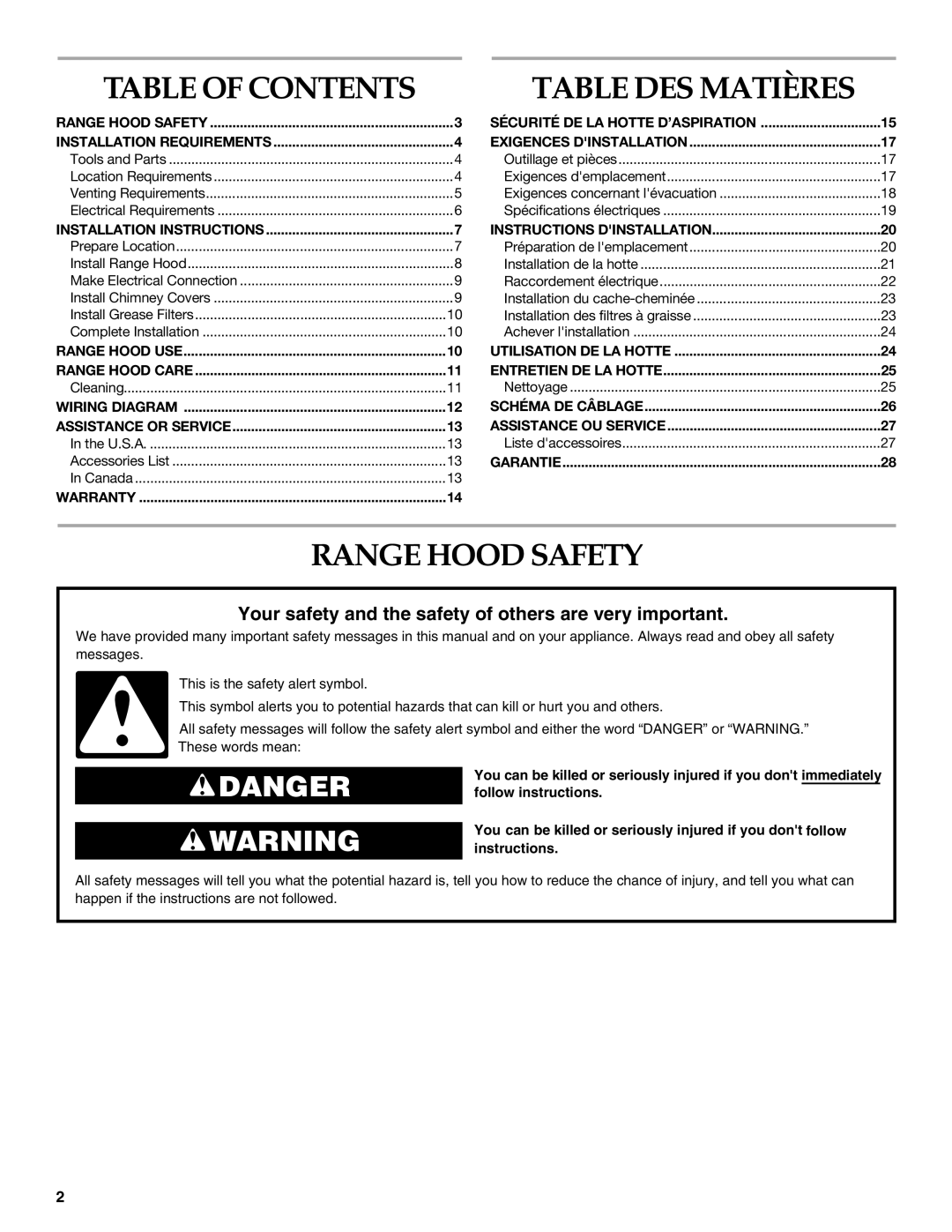 KitchenAid W10029780 installation instructions Table DES Matières, Range Hood Safety 