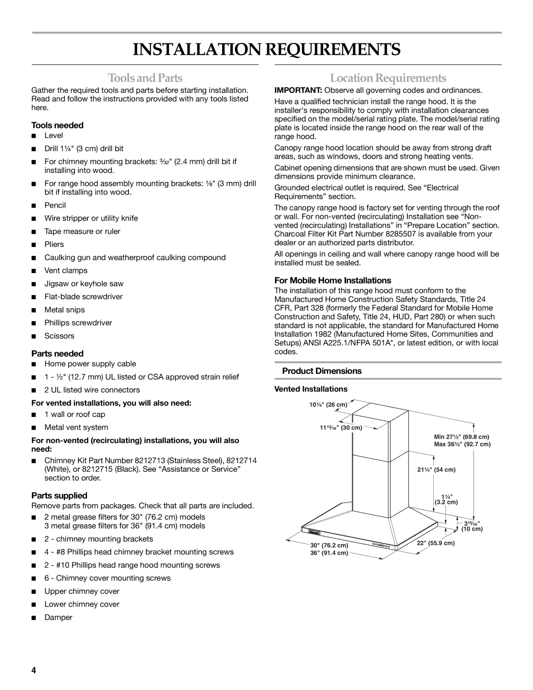 KitchenAid W10029780 installation instructions Installation Requirements, ToolsandParts, Location Requirements 