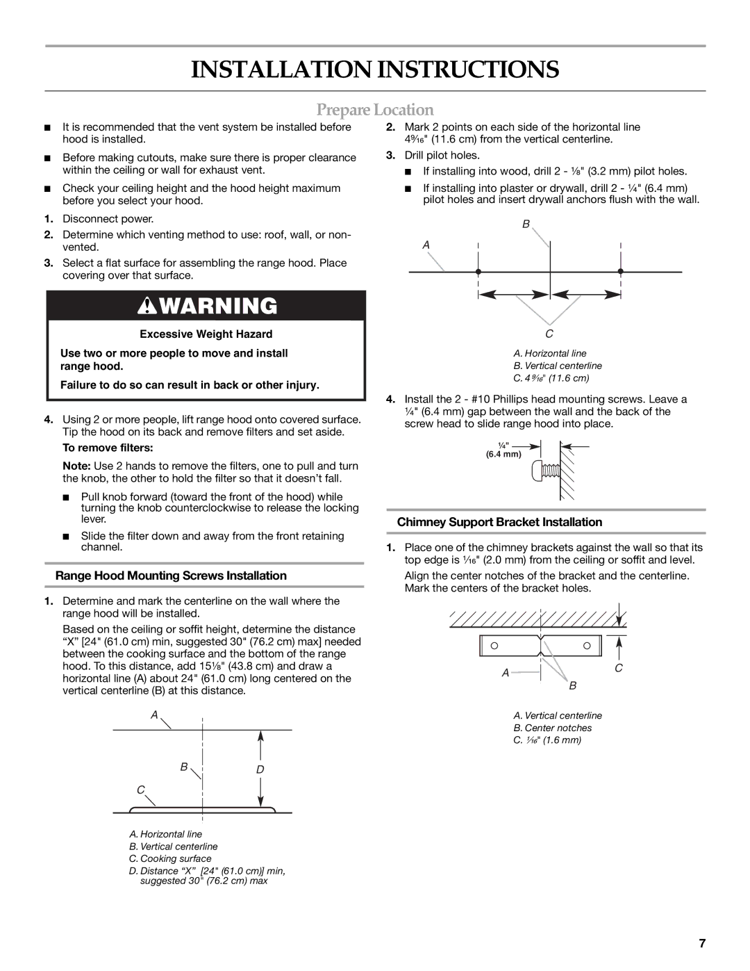 KitchenAid W10029780 Installation Instructions, PrepareLocation, Range Hood Mounting Screws Installation 