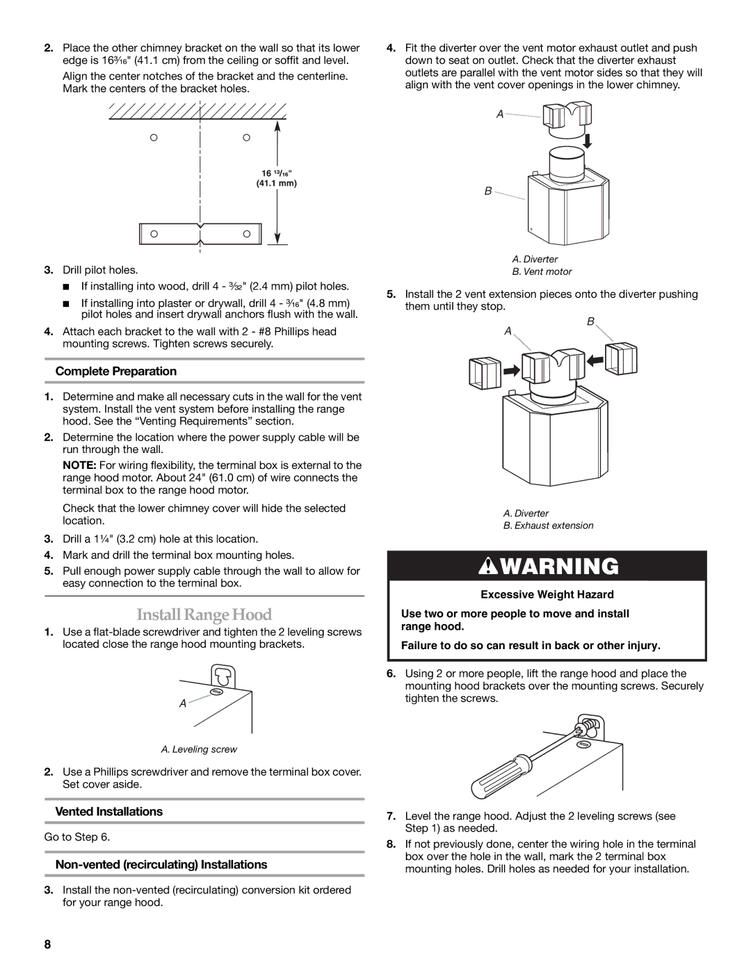 KitchenAid W10029780 InstallRange Hood, Complete Preparation, Vented Installations, Non-vented recirculating Installations 