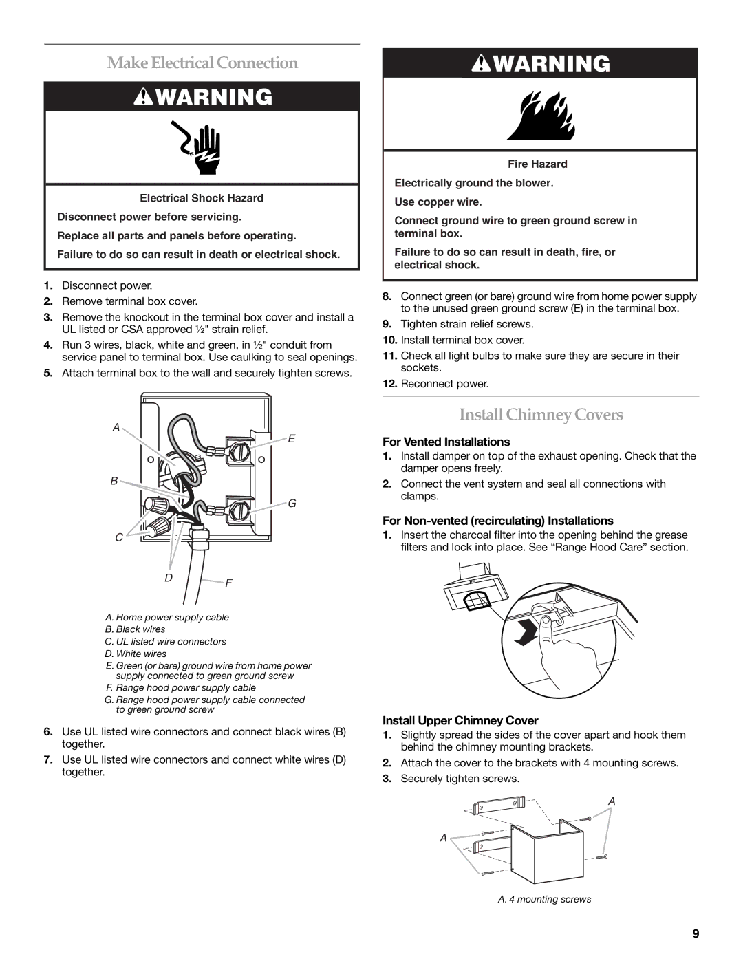 KitchenAid W10029780 installation instructions MakeElectrical Connection, Install Chimney Covers, For Vented Installations 