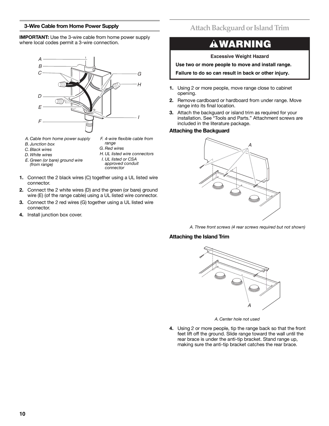 KitchenAid W10044930B Attach Backguard or Island Trim, Attaching the Backguard, Attaching the Island Trim 