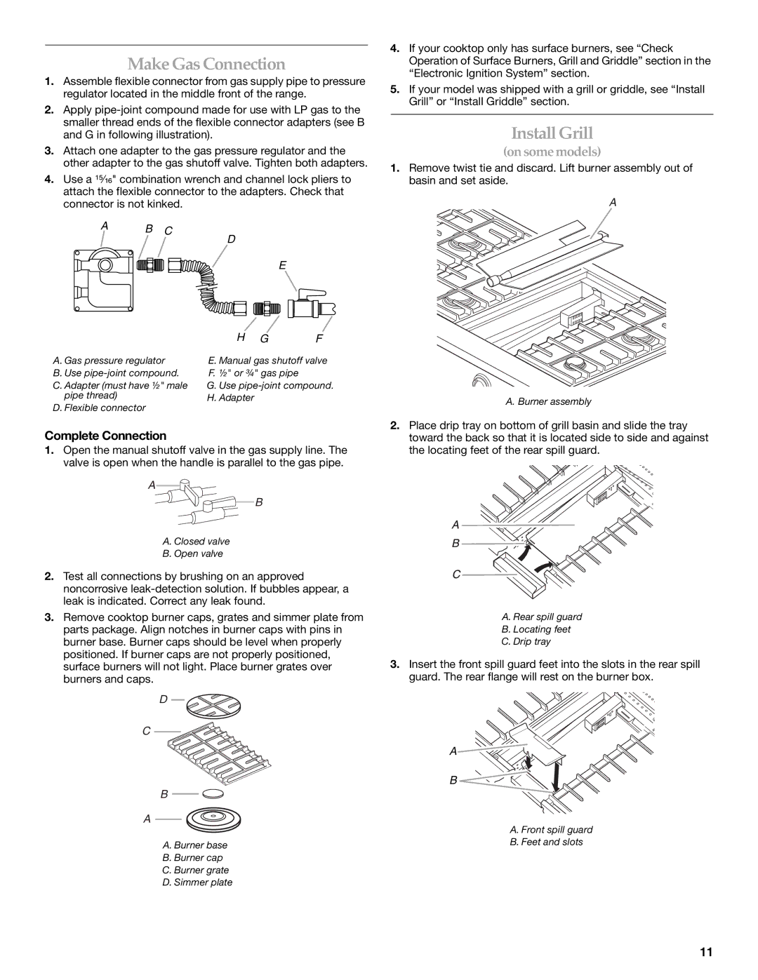 KitchenAid W10044930B installation instructions Make Gas Connection, Install Grill, Complete Connection 