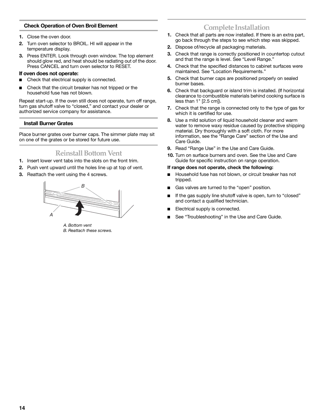 KitchenAid W10044930B ReinstallBottom Vent, Complete Installation, Check Operation of Oven Broil Element 