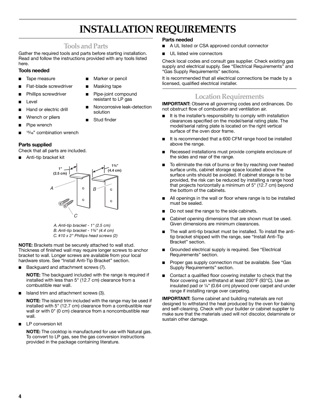 KitchenAid W10044930B installation instructions Installation Requirements, Toolsand Parts, Location Requirements 