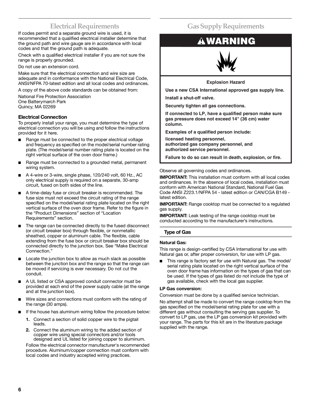 KitchenAid W10044930B Electrical Requirements, Gas Supply Requirements, Electrical Connection, Type of Gas 