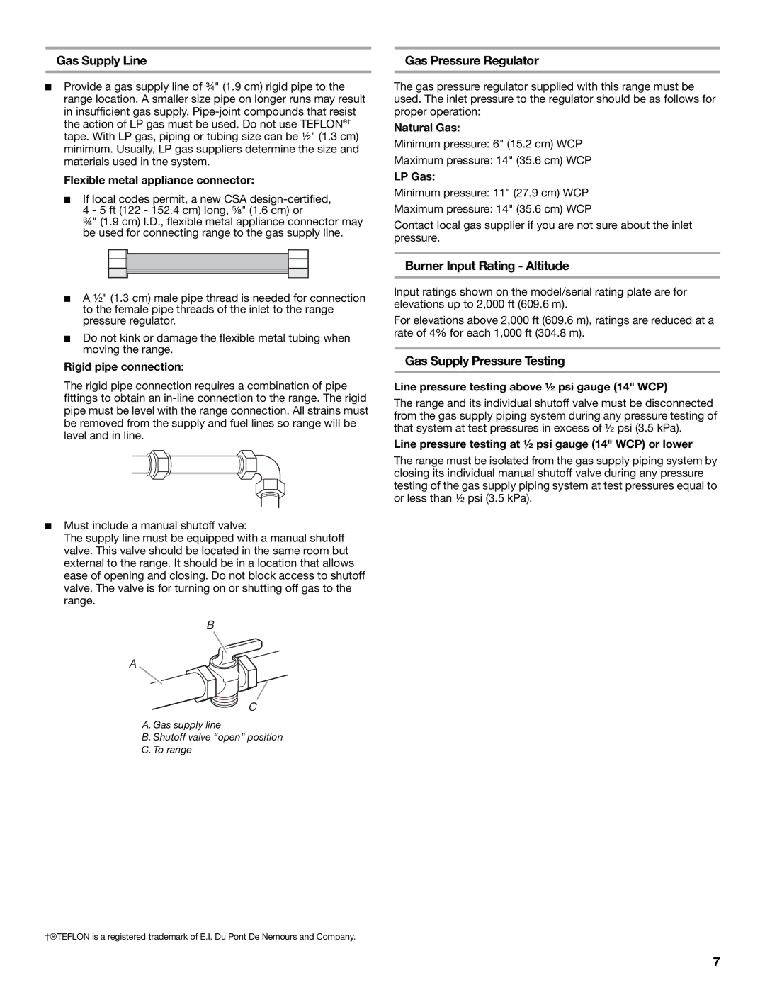 KitchenAid W10044930B Gas Supply Line, Gas Pressure Regulator, Burner Input Rating Altitude, Gas Supply Pressure Testing 