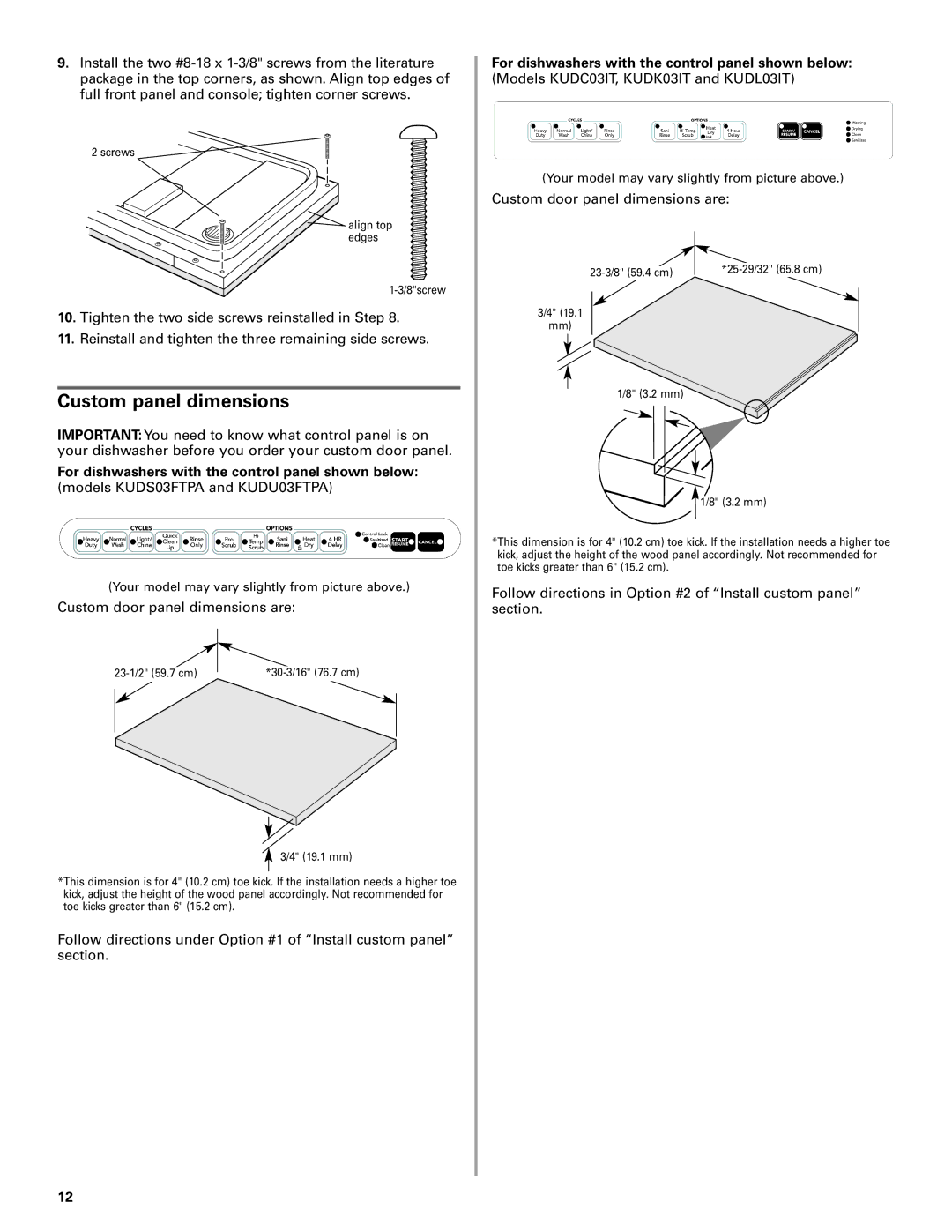 KitchenAid W10078153A installation instructions Custom panel dimensions, For dishwashers with the control panel shown below 